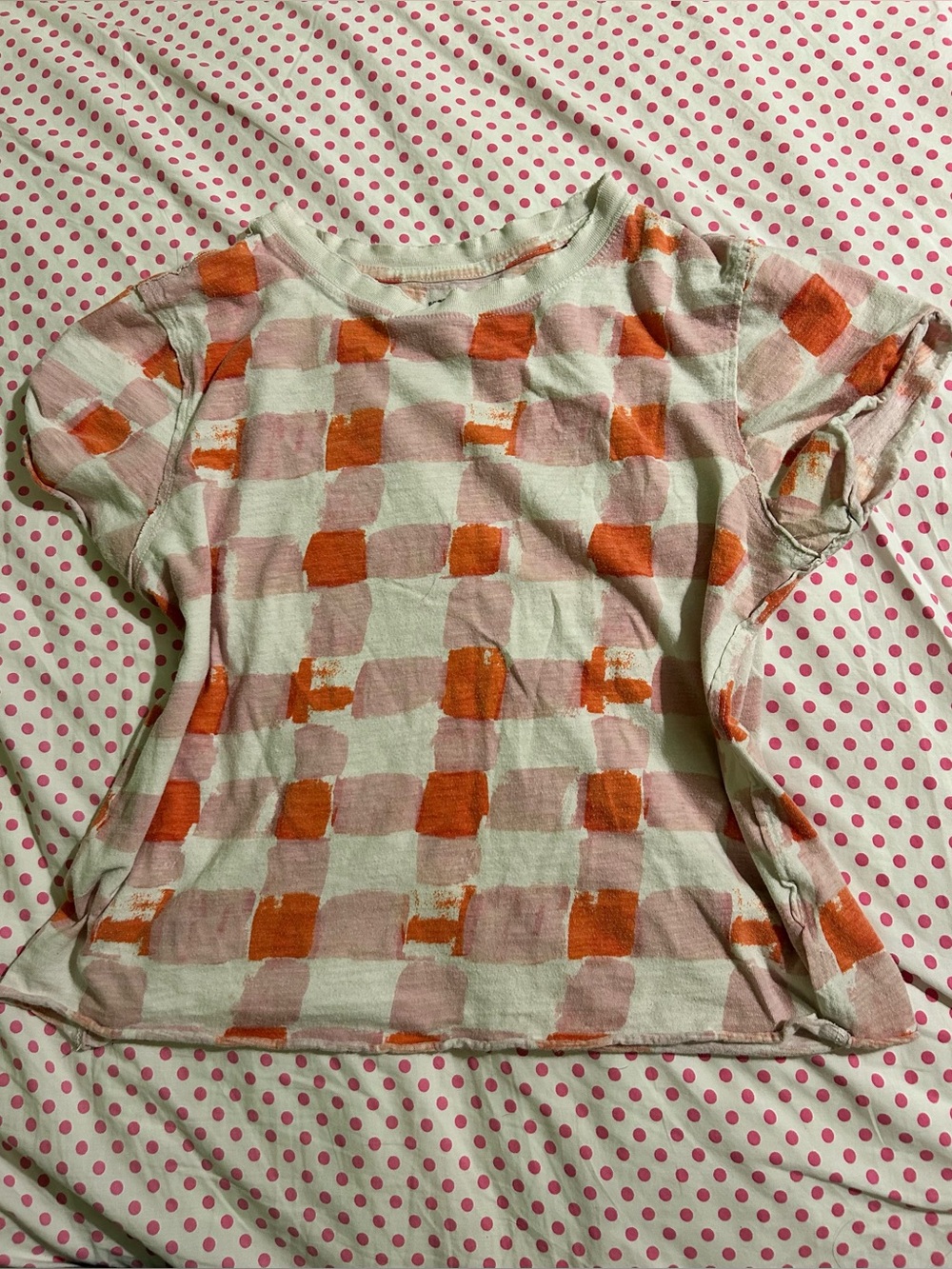 Anthropologie Short Sleeve Checkerboard Tee in Pink & Orange